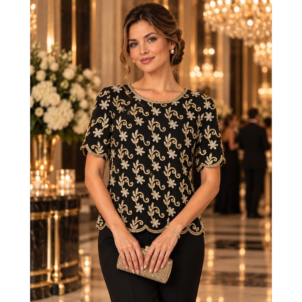 Sténay Black Silk Beaded Evening Blouse XL Gold Silver Floral Formal Top